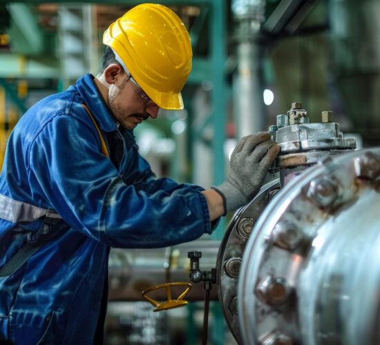 A factory worker inspecting a leak in a steel pipeline system, highlighting the importance of regular maintenance A factory worker inspecting a leak in a steel pipeline system, highlighting the importance of regular maintenance