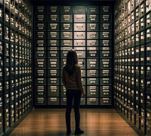 Young adult studies in modern library architecture generated by AI A person stands in a vast archive, symbolizing the meticulous nature of database administration.
