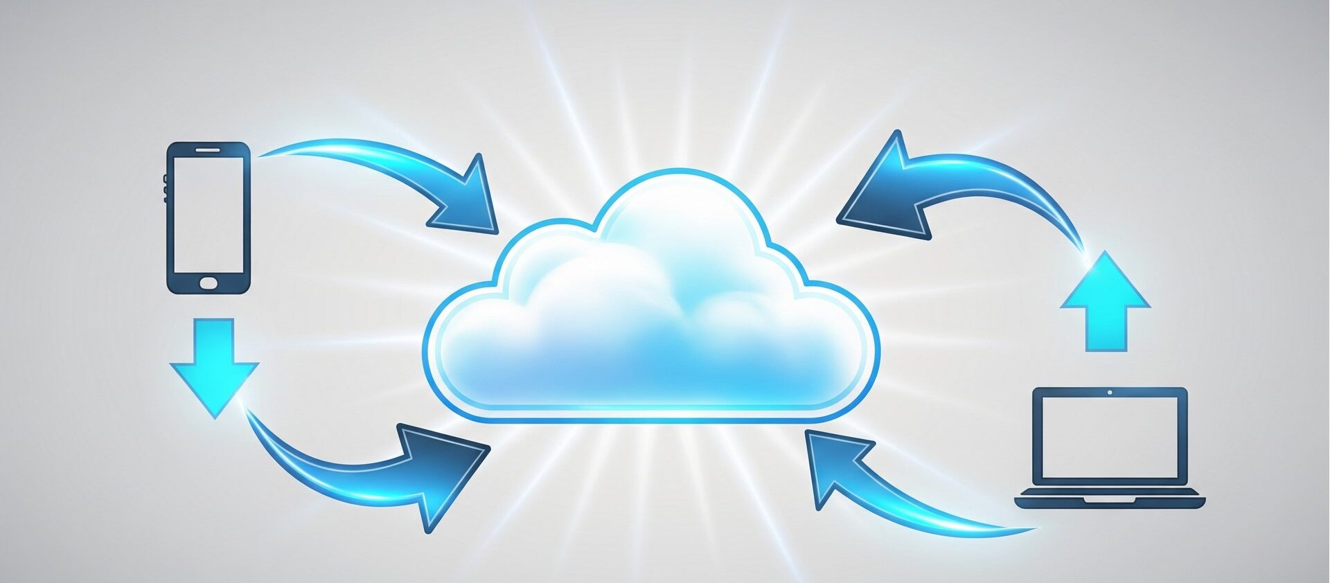 Illustration showing cloud data storage with arrows connecting mobile, tablet, and laptop devices.