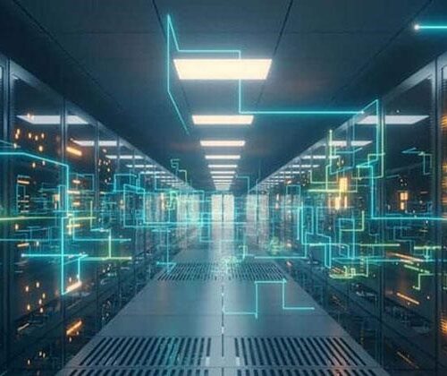 A dark, modern server room aisle with neon blue and green lines representing data flowing through racks of data warehouse infrastructure and servers.