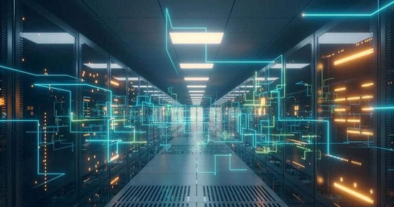 A dark, modern server room aisle with neon blue and green lines representing data flowing through racks of data warehouse infrastructure and servers.