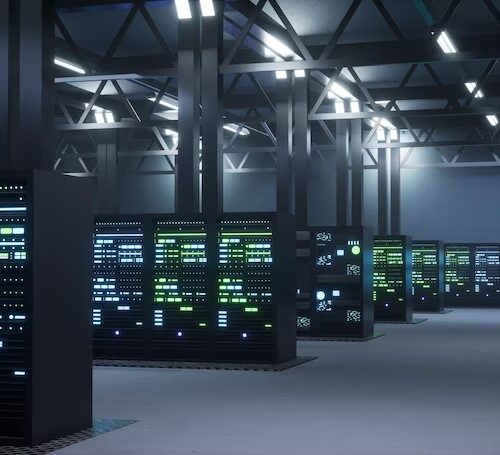 Photorealistic view of a high-tech data center with glowing server racks, symbolizing the scalable backend environment essential for data warehouse operations.