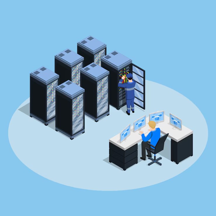 Isometric image of a technician configuring servers and an analyst monitoring dashboards, depicting system integration and testing in data warehouse development.