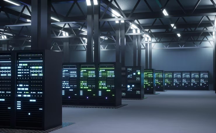 Photorealistic view of a high-tech data center with glowing server racks, symbolizing the scalable backend environment essential for data warehouse operations.