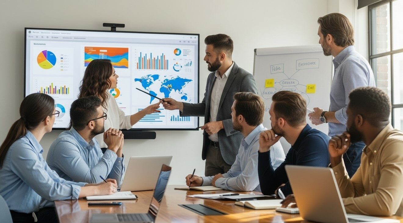 Team presenting data analytics and business insights with charts and graphs during a strategy meeting.