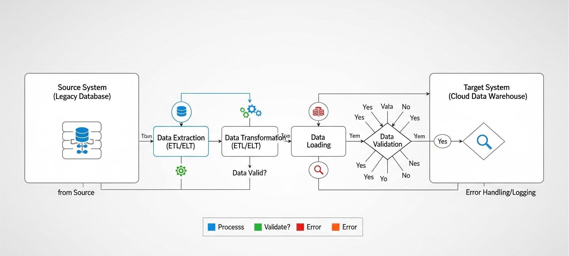 Flowchart illustrating ETL data migration process from source system to cloud data warehouse.