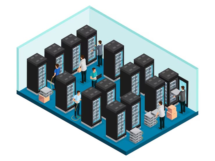 Illustration showing multiple IT professionals working on server racks, representing the physical infrastructure setup phase of data warehouse development.