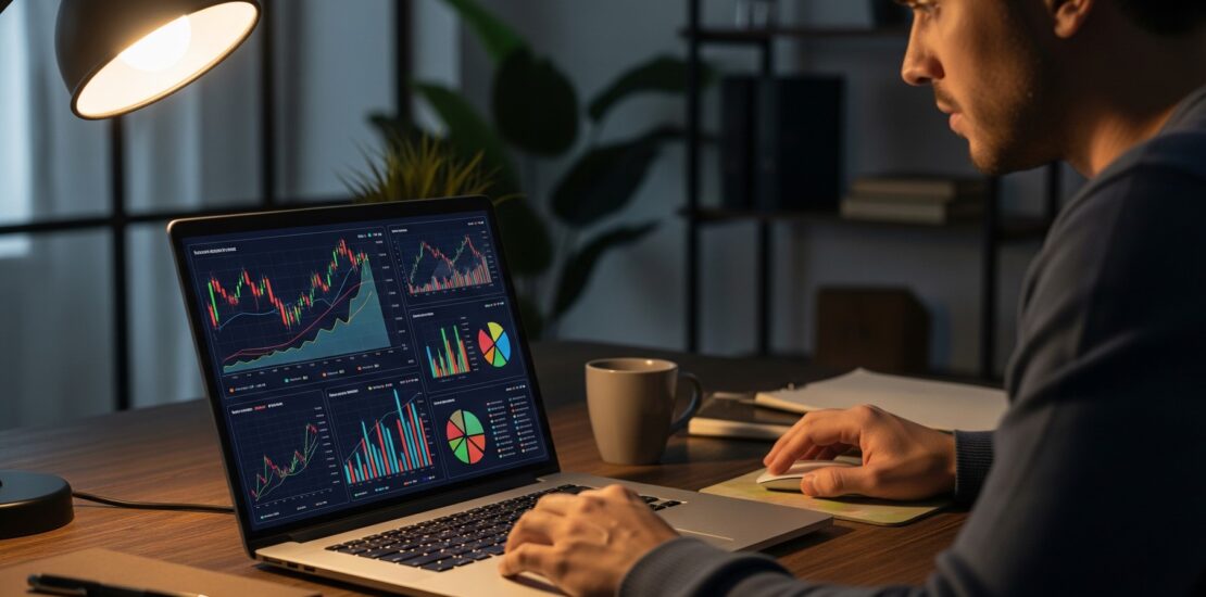 A man analyzes financial graphs and charts on a laptop at a desk, working under a desk lamp in a modern home office setting.