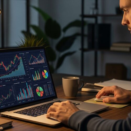 A man analyzes financial graphs and charts on a laptop at a desk, working under a desk lamp in a modern home office setting.